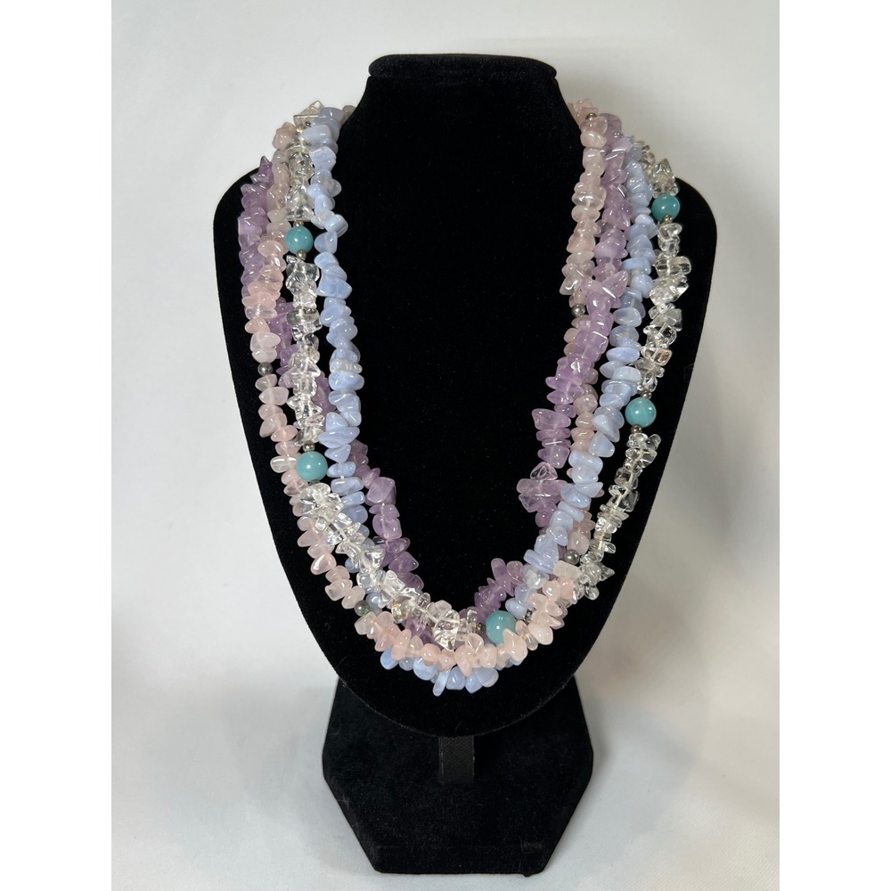 Multistrand Gemstone Chip Necklace Amethyst Rose Quartz Blue Lace Agate 20in